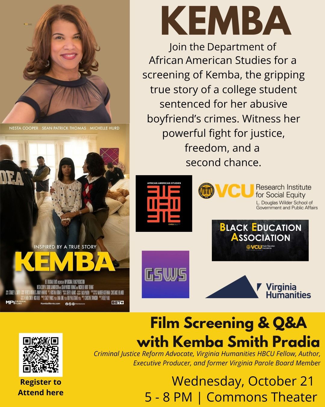 Flyer advertising the Screening of KEMBA, 10/21/26