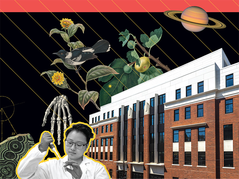 A woman in a lab coat holds a vial; in the background is an image of the STEM building along with plants, a bird, hand bones and the planet Saturn