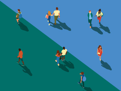 Illustration of people walking, with a green and blue background