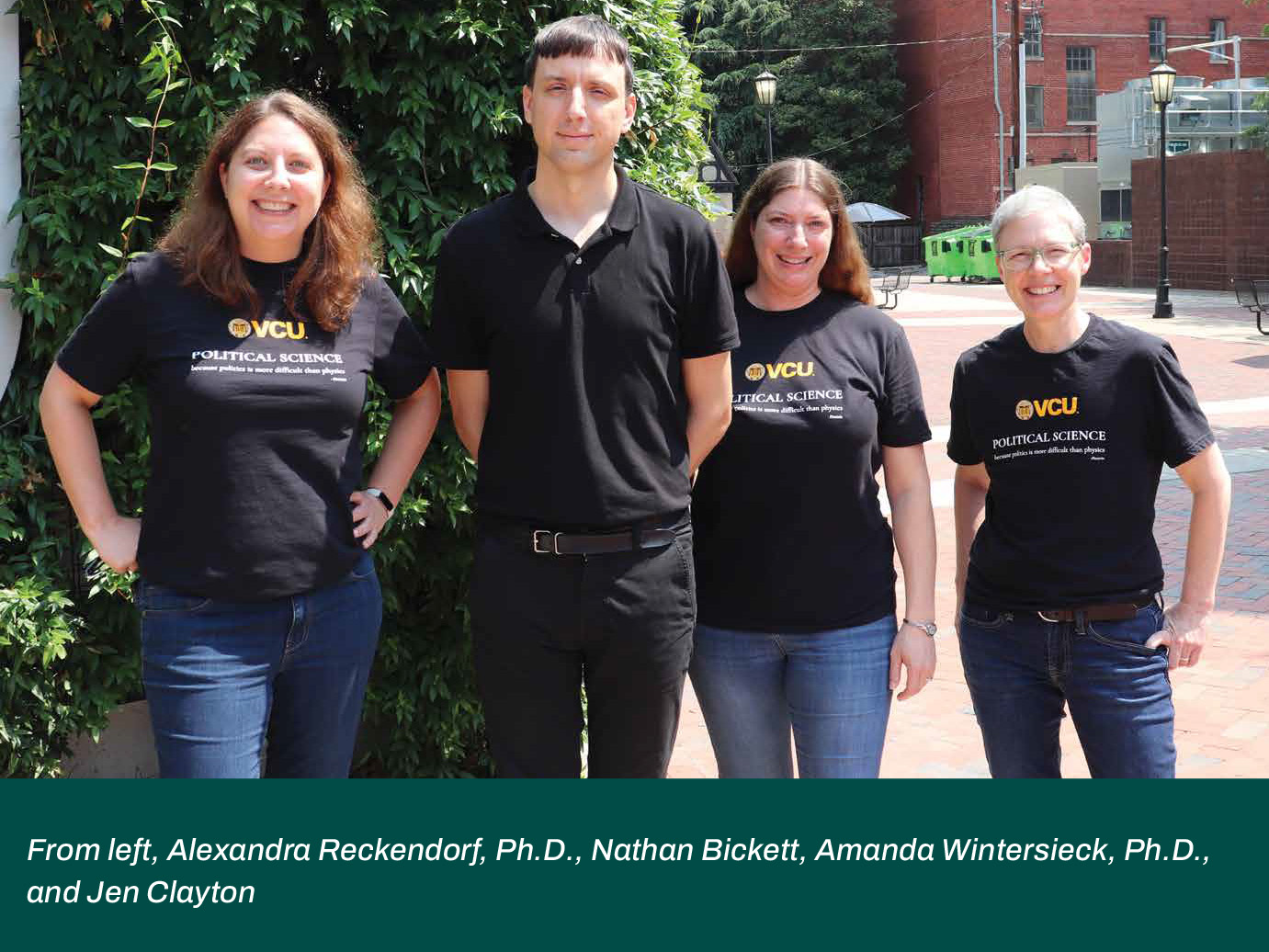 Four faculty/staff members stand in front of foliage on VCU's campus. A photo caption reads, 