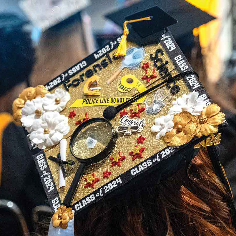 The decorated top of a graduation cap