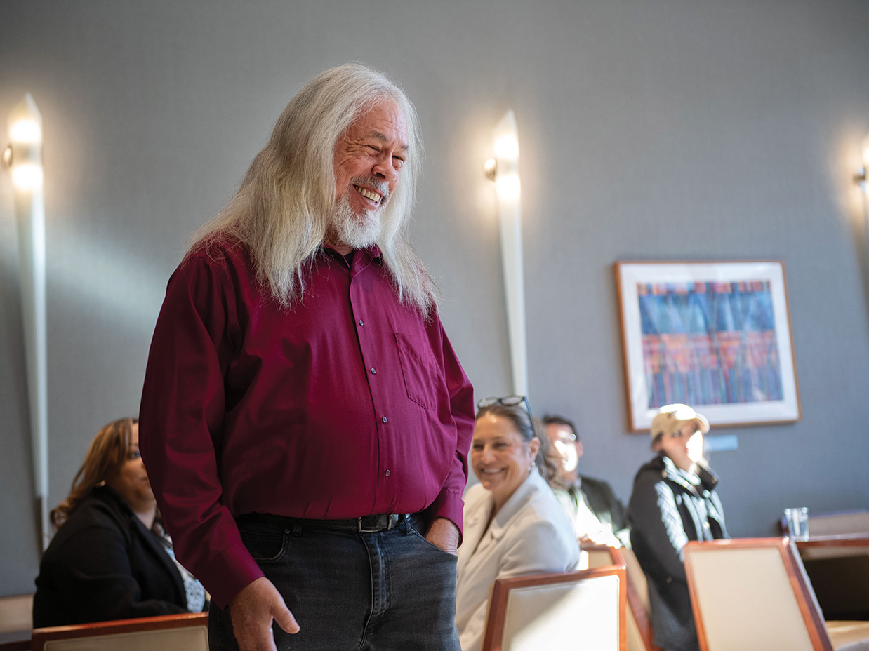 Robert Gray, chief of the Pamunkey Indian Tribe, speaks to a group as part of the Humanities Research Center’s new Indigenous Elder-in-Residence Program