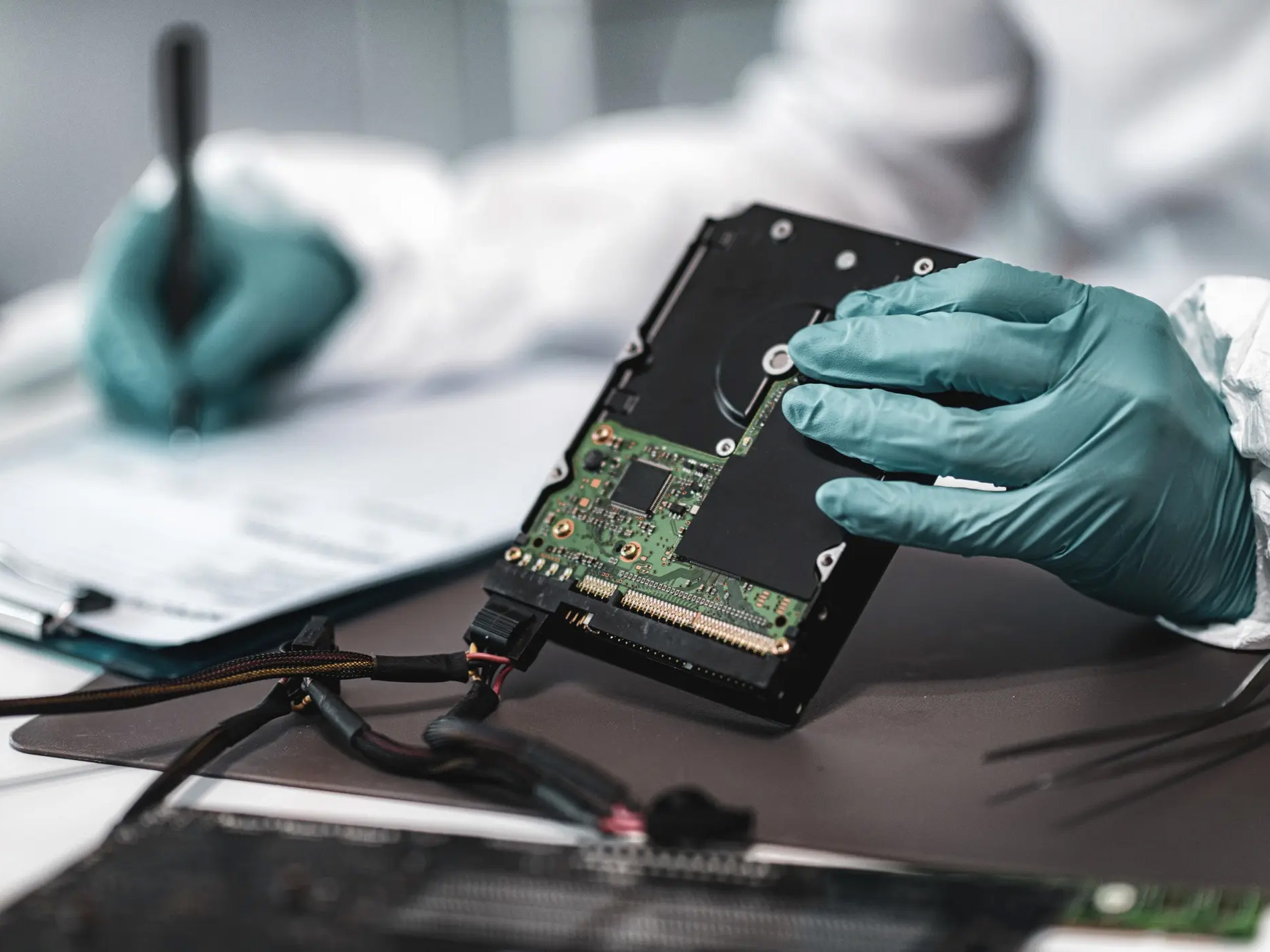 A person wearing blue latex gloves holding a circuit board in one hand and writing on a clip board with the other.