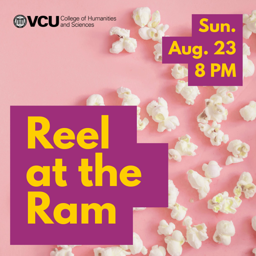An event flyer with a soft pink background scattered with pieces of white popcorn. The VCU College of Humanities and Sciences logo sits in the top left. Yellow text inside a large plum-purple box reads 