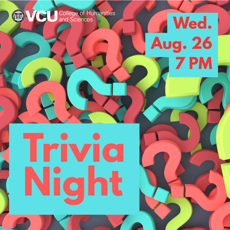 An event flyer with a background packed with 3D question marks in shades of coral, teal, and lime green. The VCU College of Humanities and Sciences logo is positioned in the top left. Coral-red text inside a bright teal box reads 