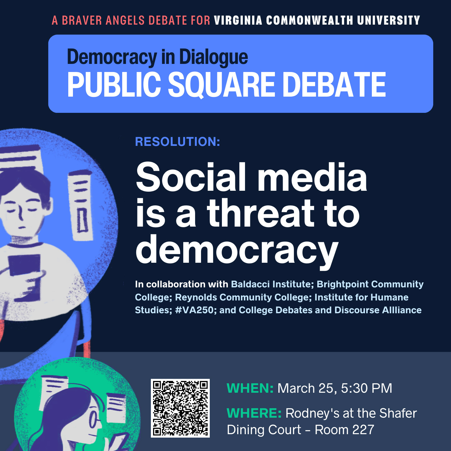 Poster for the Is social media a threat to our democracy with the event name, date and time