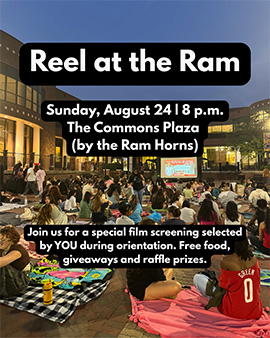 Reel at the Ram event details overlaying image of students watching a movie outdoors on campus