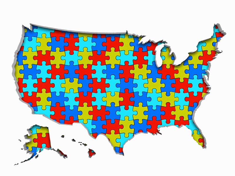 the united states separated into puzzle pieces of varying colors
