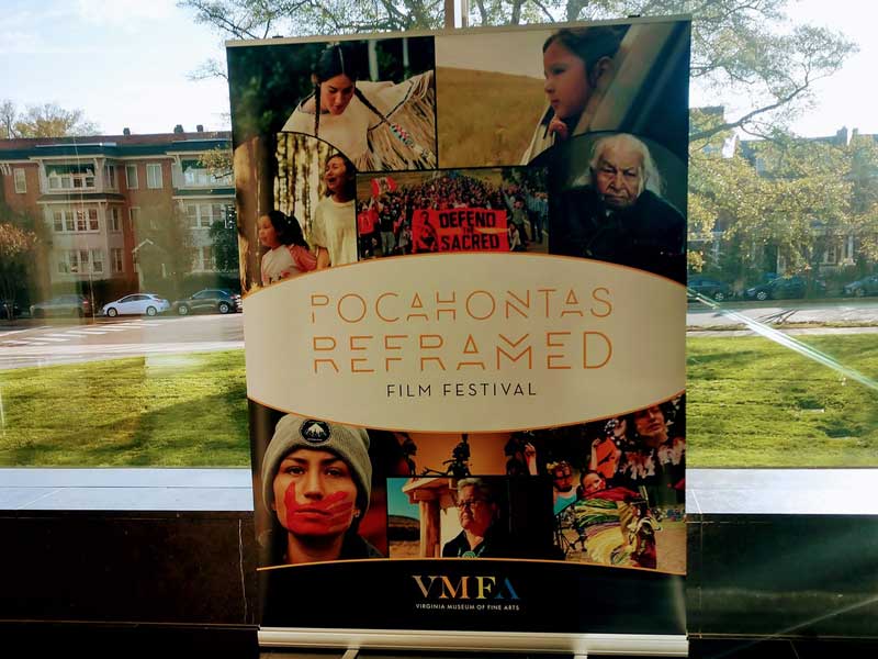 poster featuring various images of native americans for the pocahontas reframed film festival at the v.m.f.a.