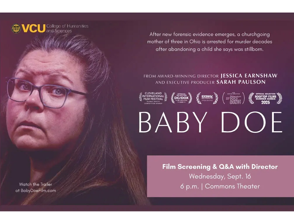 A poster with a woman's face that says \BABY DOE\ \Film Screening & Q&A with Director\ \Wednesday, Sep.t 16\ \6 p.m. | Commons Theater.\